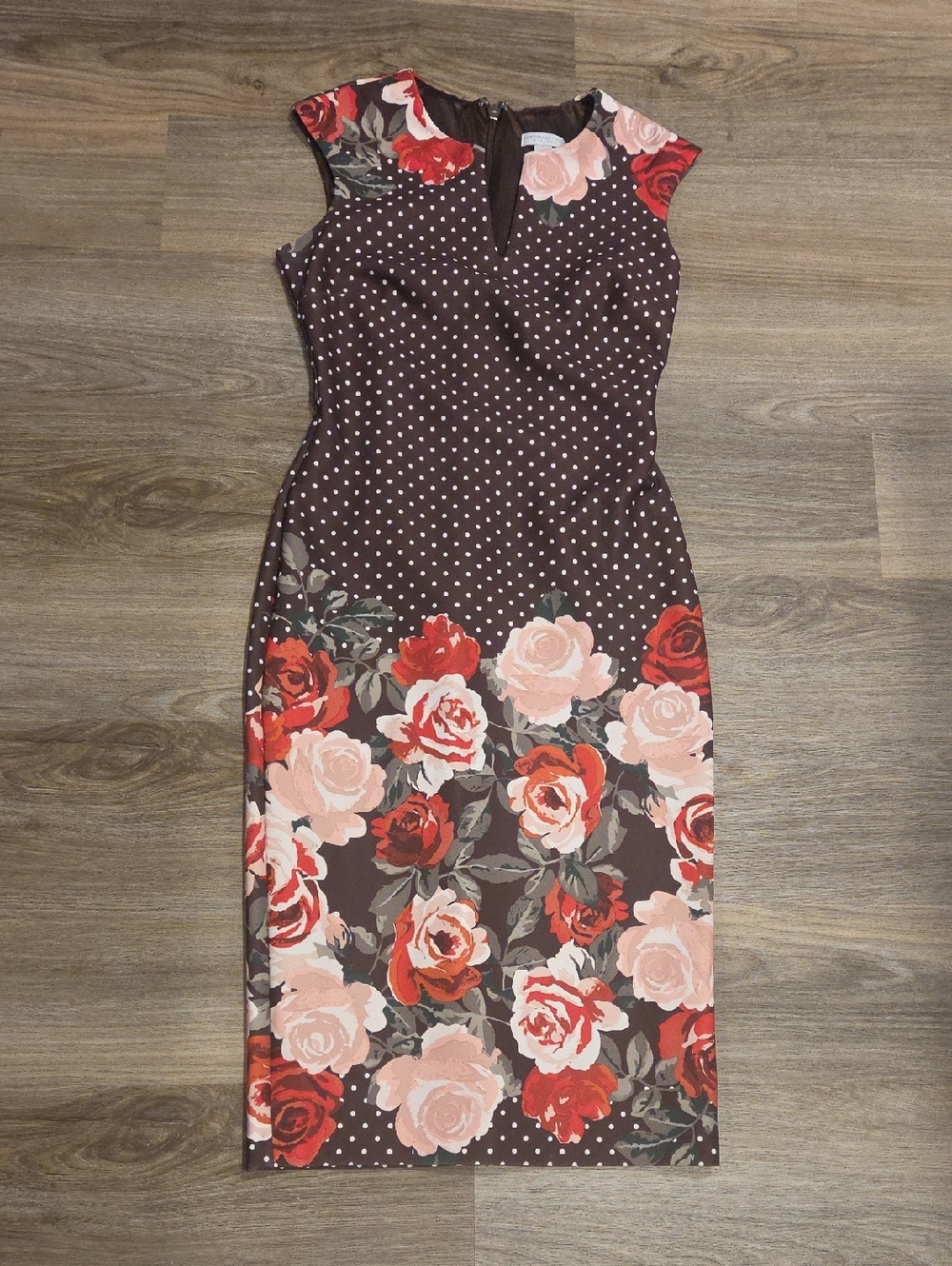 New York & Company Brown Polka Dot Midi Floral Dress Size XS Petite